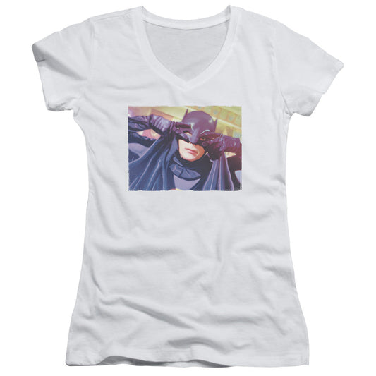 Batman Classic Tv Ooth Groove Junior Sheer Cap Sleeve V Neck Womens T Shirt White