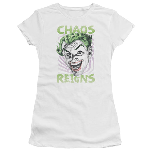 Batman Classic Tv Chaos Reigns Junior Sheer Cap Sleeve Womens T Shirt White