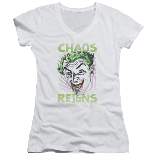 Batman Classic Tv Chaos Reigns Junior Sheer Cap Sleeve V Neck Womens T Shirt White
