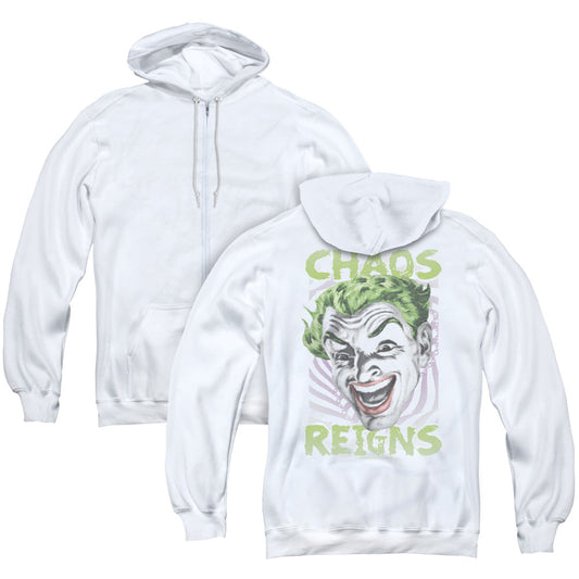 Batman Classic Tv Chaos Reigns Back Print Zipper Mens Hoodie White