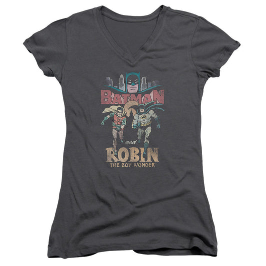 Batman Classic Tv Classic Duo Junior Sheer Cap Sleeve V Neck Womens T Shirt Charcoal