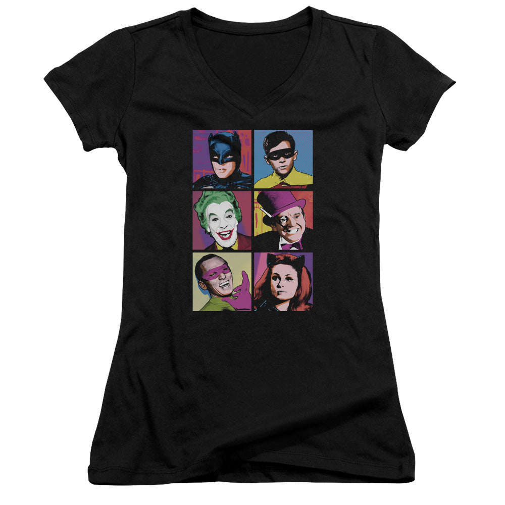Batman Classic Tv Pop Cast Junior Sheer Cap Sleeve V Neck Womens T Shirt Black