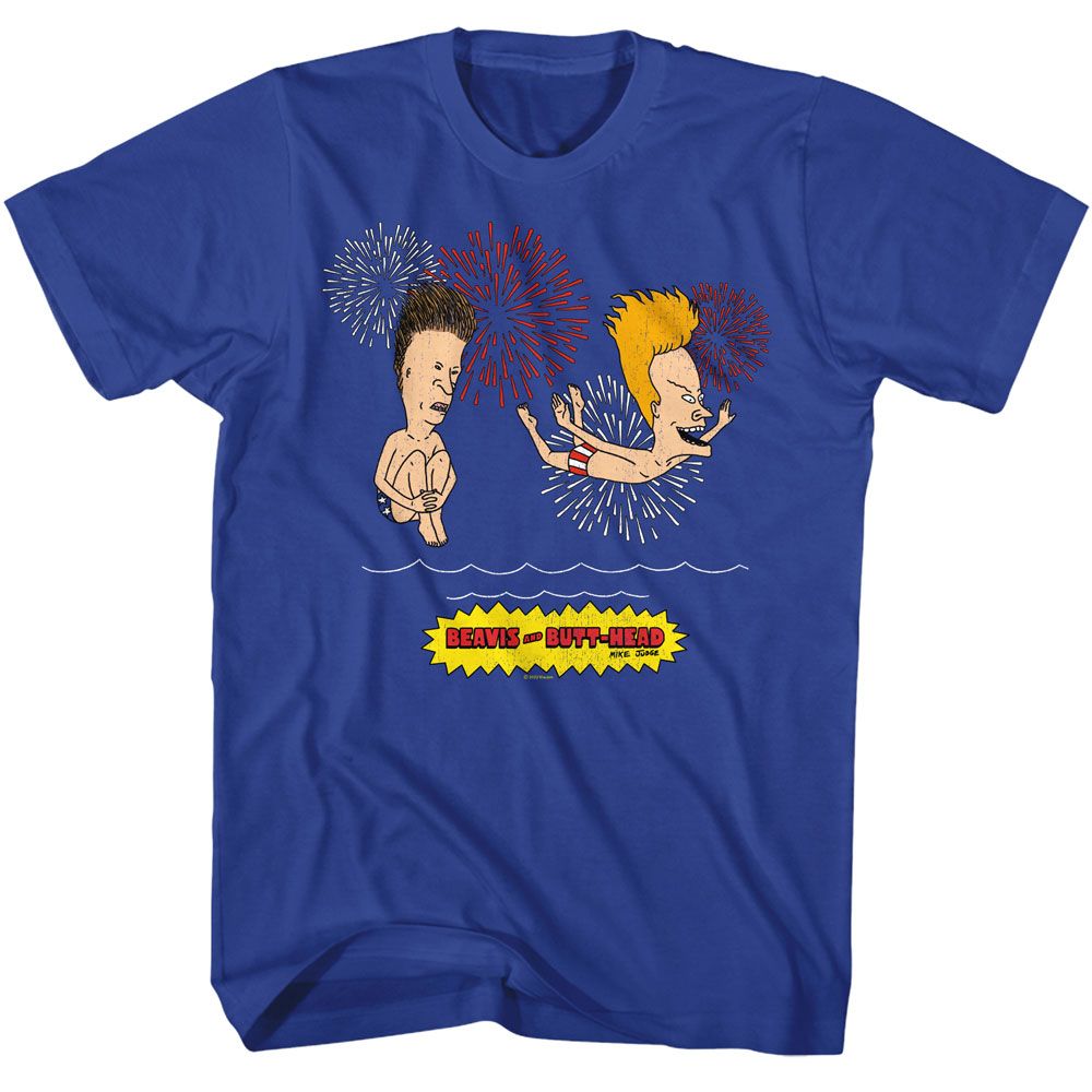 Beavis And Butthead - Firework Swim - American Classics - Solid Blue Adult Short Sleeve T-Shirt