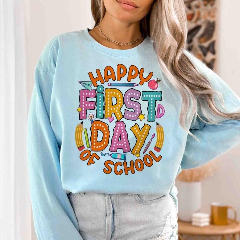 Back To School Happy First Day Of School Bright Doodle Dots T Shirt Sweater Hoodie, Welcome Back To School Hoodie, Hello School Retro Teacher, 1st Day Of School Teacher