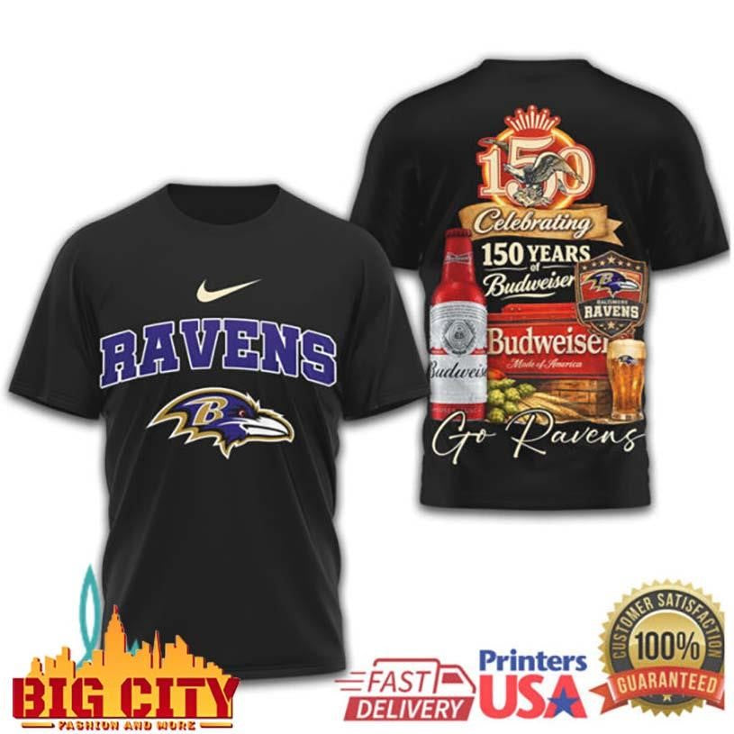 Baltimore Ravens Celebrating 150 Years of Budweiser Beer Two Sided Shirt
