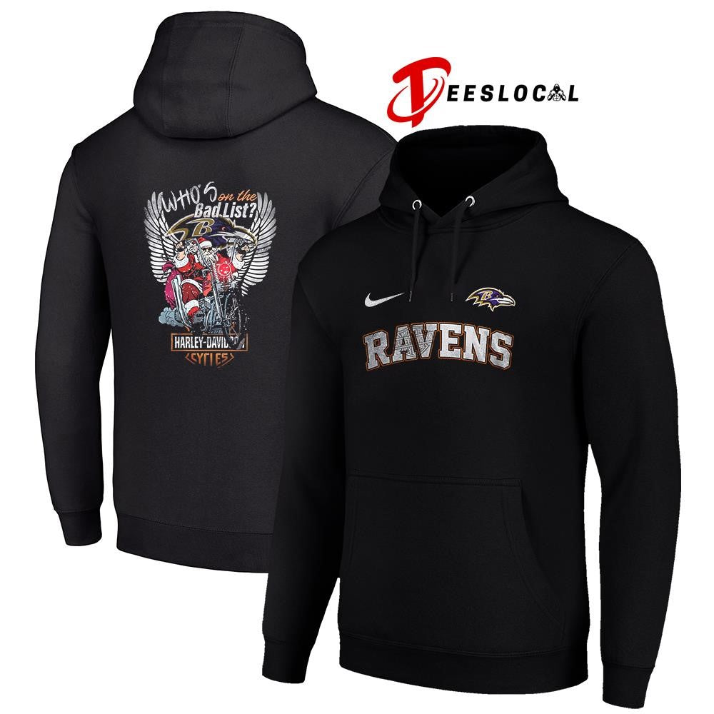 Baltimore Ravens x Harley Davidson Santa Claus who’s on the bad list graphic shirt
