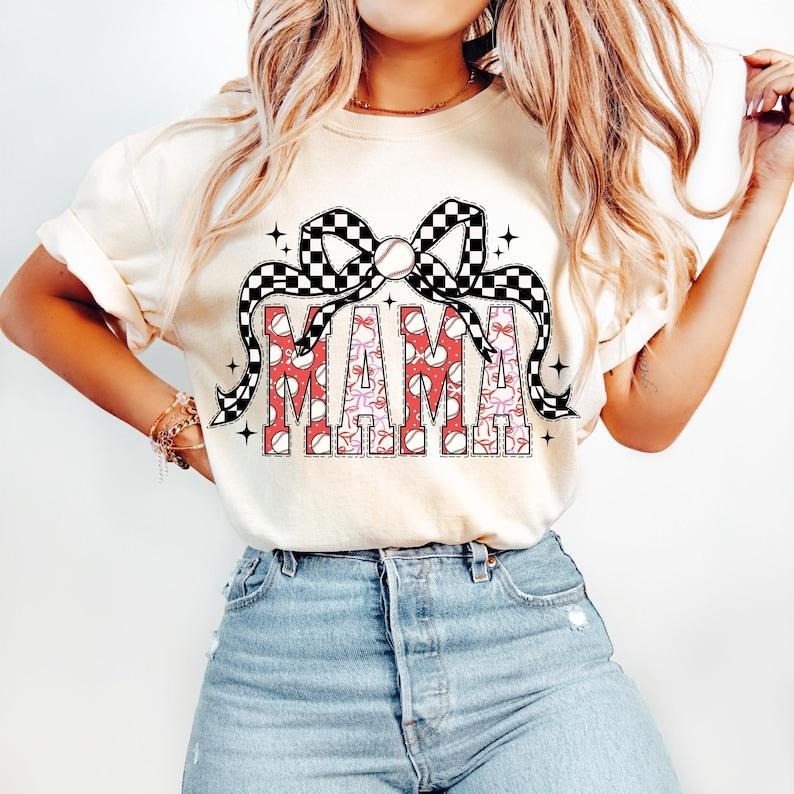 Baseball Mama, Baseball Coquette, Game Day, Baseball Bow, Checkered Baseball Mom, Mama Varsity, Retro Baseball Tshirt