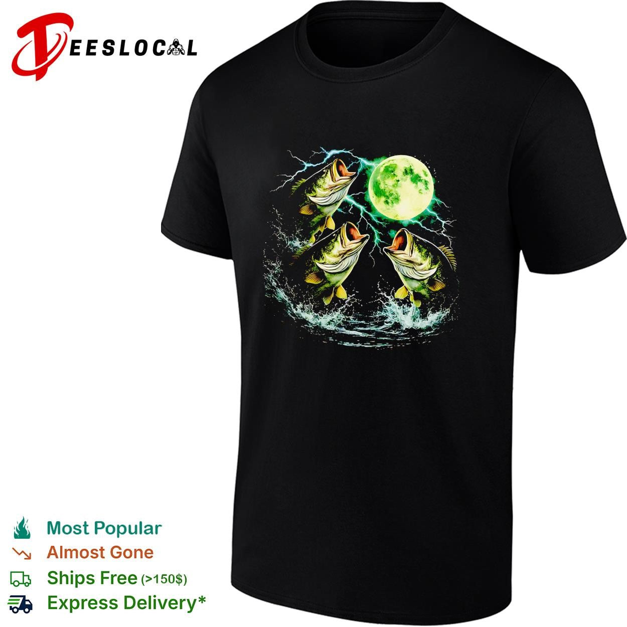 Bass jumping moonlit night full moon wildlife nature graphic shirt