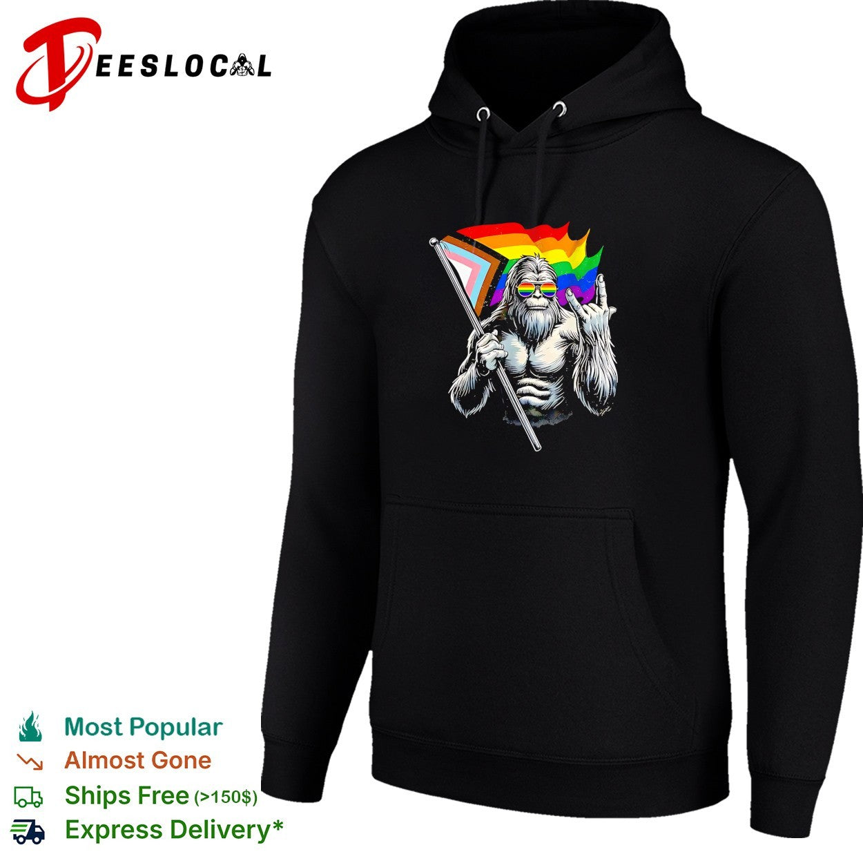 Bigfoot holding Progress Pride flag middle finger LGBTQ art shirt