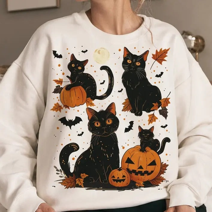 Black Cat Pumpkin, Ghots Cat, Retro Halloween, Pumpkin Halloween, Black Cat Halloween Sweatshirt, Fall Vibes, Halloween Cat Mama, Autumn Vibes