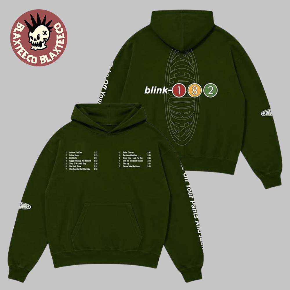 Blink-182 X Complex Take Off Your Pants and Jacket 25th Anniversary Merch Oval Tracklist Green Hoodie