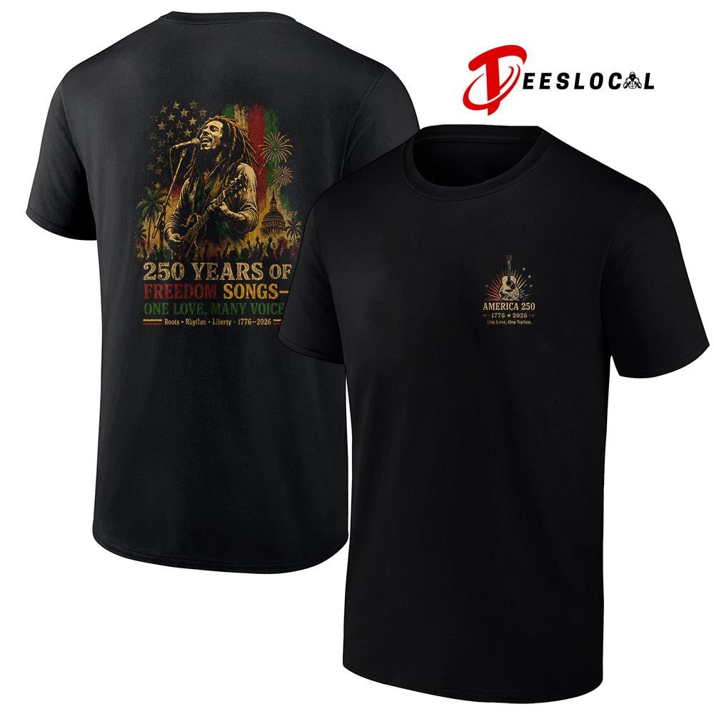 Bob Marley 250 years of freedom songs one love many voices graphic shirt