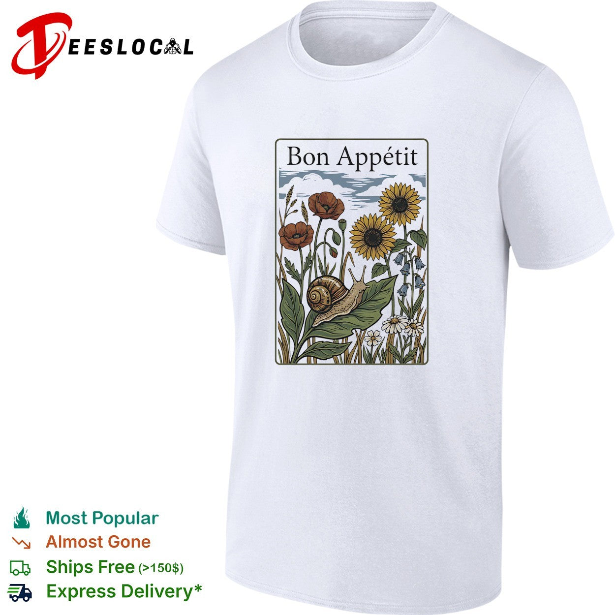 Bon Appetit snail on leaf with poppies and sunflowers vintage illustration shirt