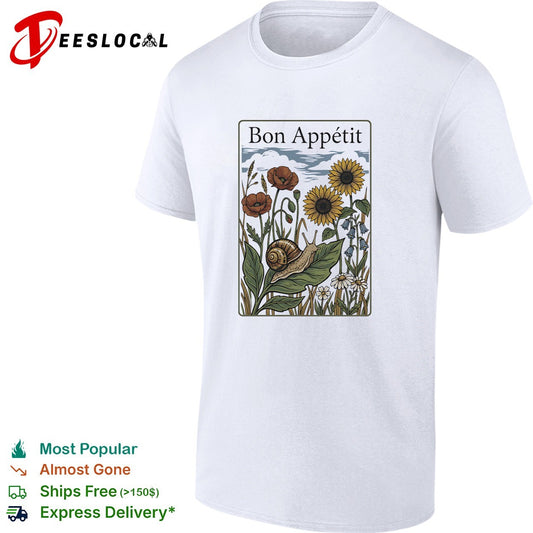 Bon Appetit snail on leaf with poppies and sunflowers vintage illustration shirt