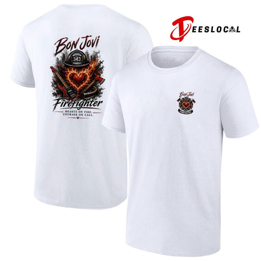 Bon Jovi firefighter heart on fire courage on call graphic shirt