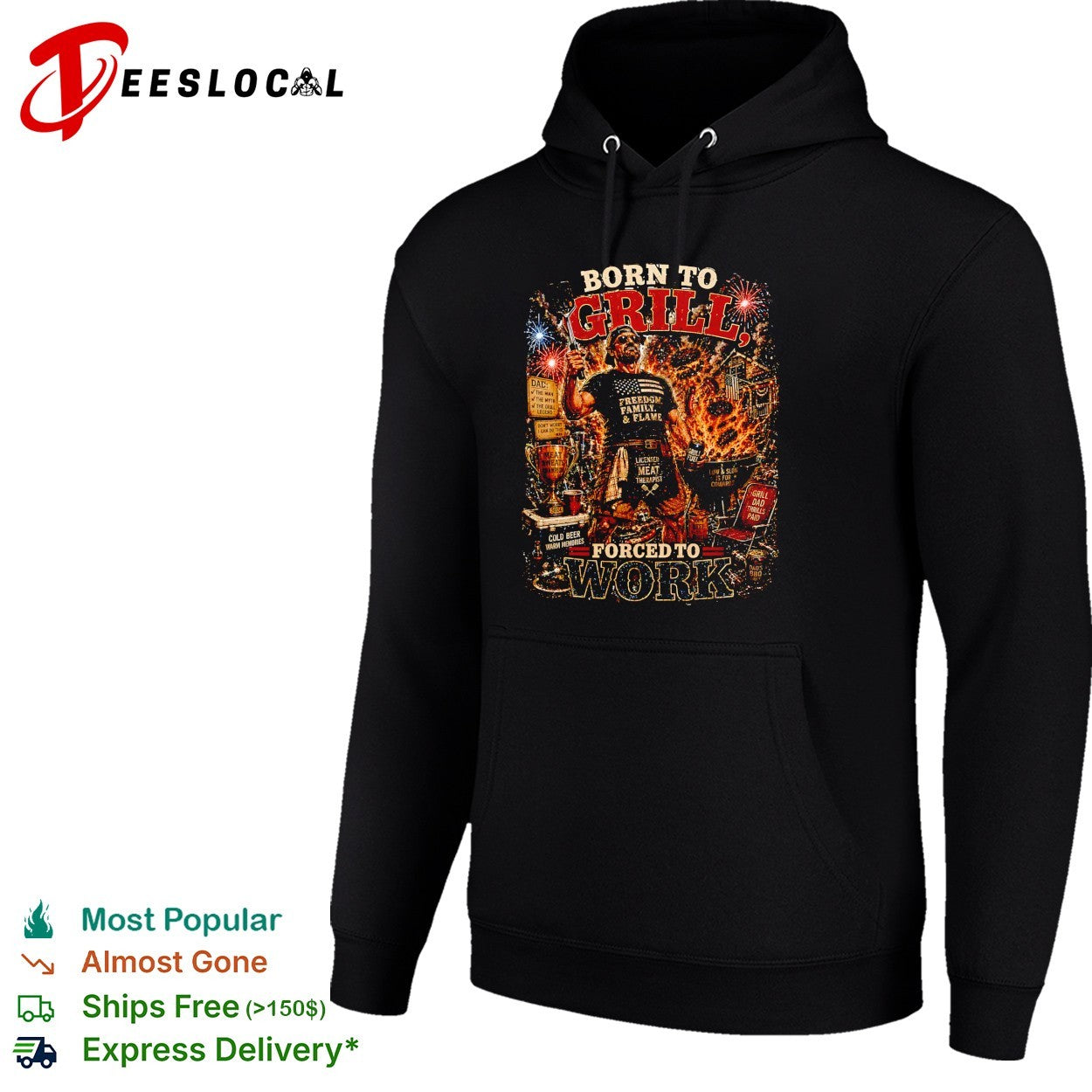 Born to grill forced to work BBQ fire patriotic art shirt