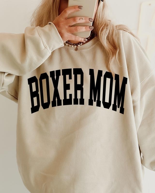 Boxer Mom Varsity Sweatshirt, Trendy, College Font, Cute, Dog Mama, Crewneck