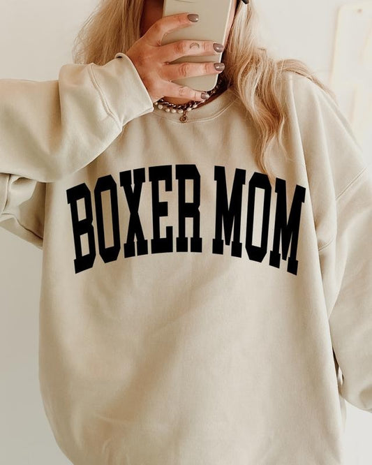 Boxer Mom Varsity Sweatshirt, Trendy, College Font, Cute, Dog Mama, Crewneck