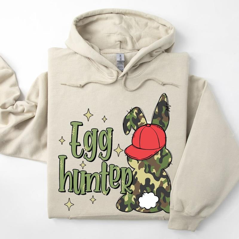 Boy Easter Bunny Unisex Hoodie, Egg Hunter Bunny Sweatshirt, Camo Bunny With Hat Tee, Retro Easter Shirt, Easter Gift