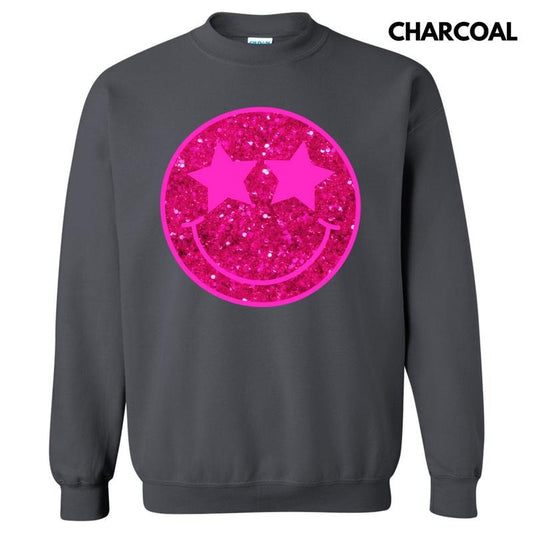 Bright Pink FAKE Glitter Happy Face Sweatshirt 'NLB'