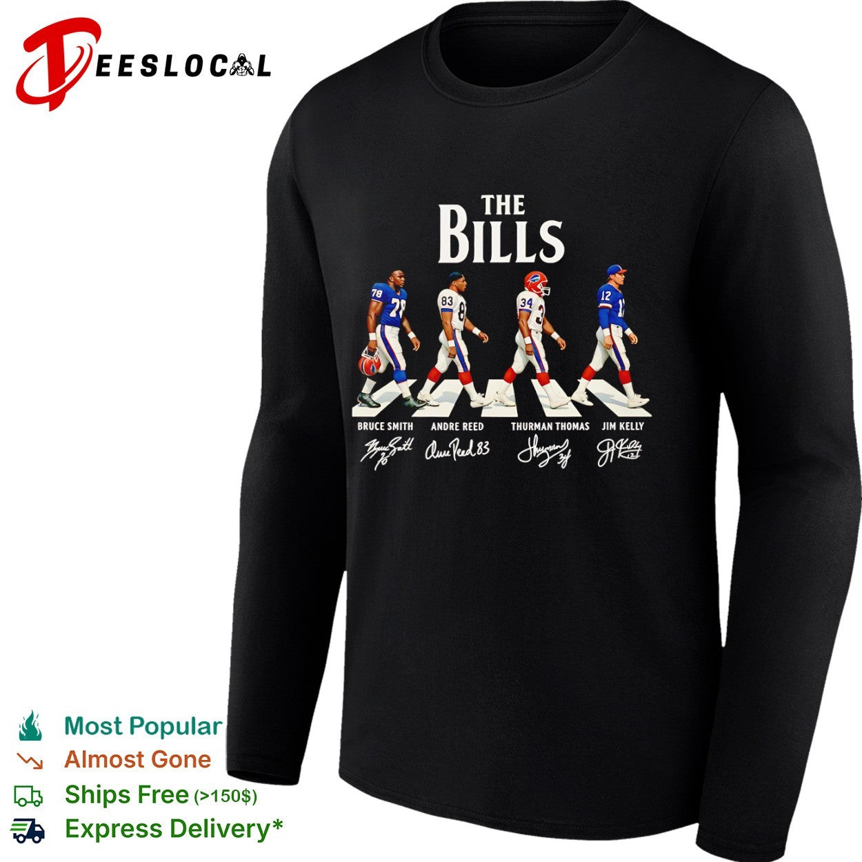 Bruce Smith Andre Reed Thurman Thomas Jim Kelly Buffalo Bills walking across shirt