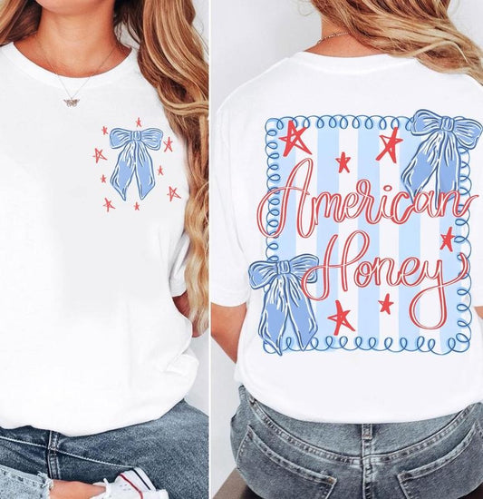 Brushtroke American Honey Flag Coquette Bows 2 Sided Shirt, Trendy Red White Blue Front and Back Tee, USA Independence Fourth of July Shirt, Memorial Day Gift