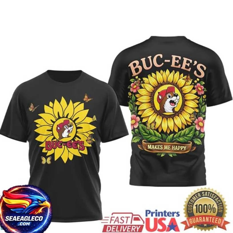Buc ee’s Sunflower “Makes Me Happy” Black Two Sided Shirt