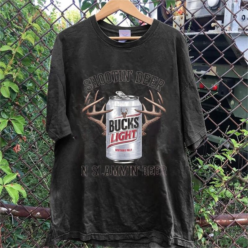 Buck's Light Beer Hunting Tee, Shootin' Deer Slammin' Beer Graphic Shirt, Redneck Country Humor Top, Unisex Menswear Womenswear Tee