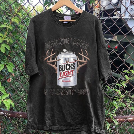 Buck's Light Beer Hunting Tee, Shootin' Deer Slammin' Beer Graphic Shirt, Redneck Country Humor Top, Unisex Menswear Womenswear Tee