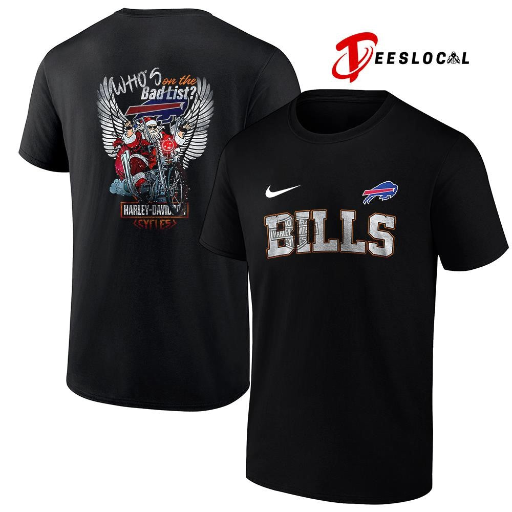 Buffalo Bills x Harley Davidson Santa Claus who’s on the bad list graphic shirt