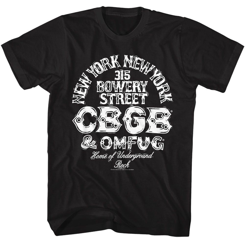 CBGB - Logo And Address - American Classics - Solid Black Adult Short Sleeve T-Shirt - clothing by TeeHivey.com (Image 1)