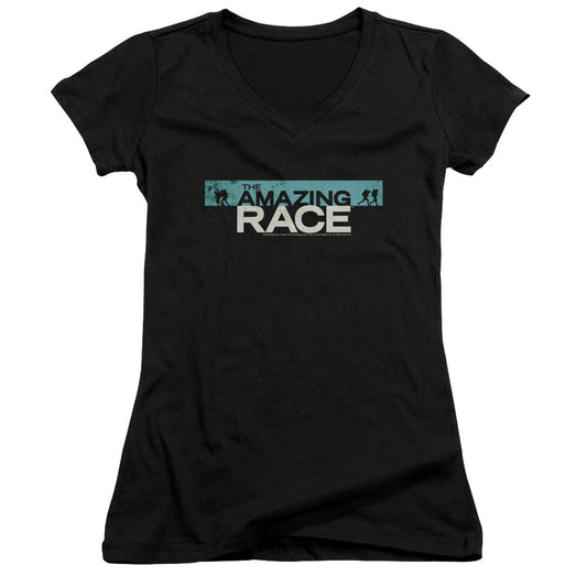 Amazing Race Bar Logo Junior Sheer Cap Sleeve V-Neck Womens T Shirt Black