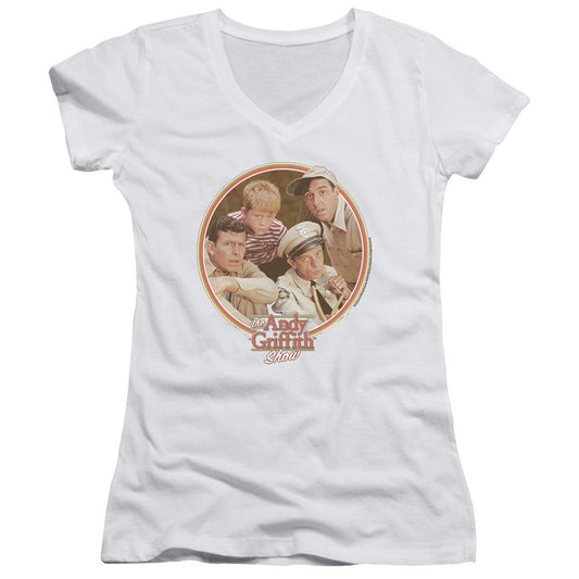 Andy Griffith Boys Club Junior Sheer Cap Sleeve V-Neck Womens T Shirt White