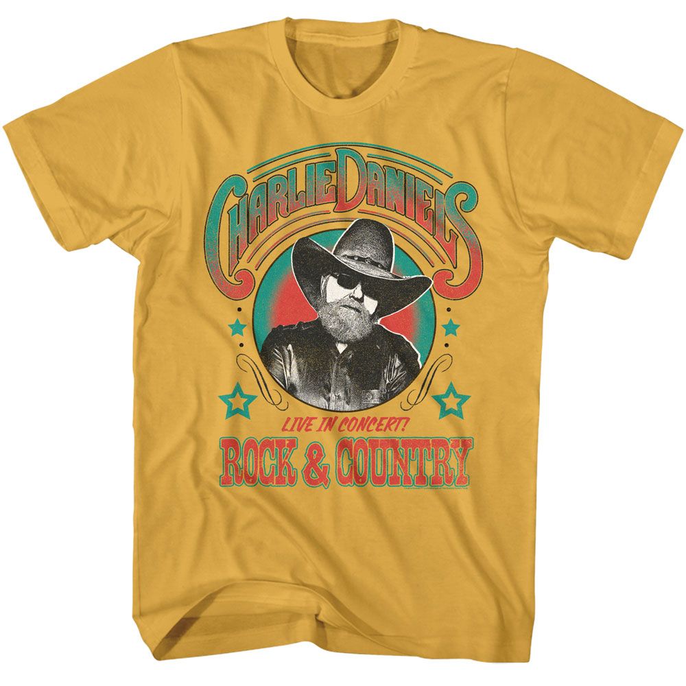 Charlie Daniels Band - Rock And Country - American Classics - Solid Yellow Adult Short Sleeve T-Shirt (Image 1)