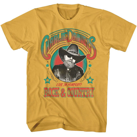 Charlie Daniels Band - Rock And Country - American Classics - Solid Yellow Adult Short Sleeve T-Shirt (Image 1)