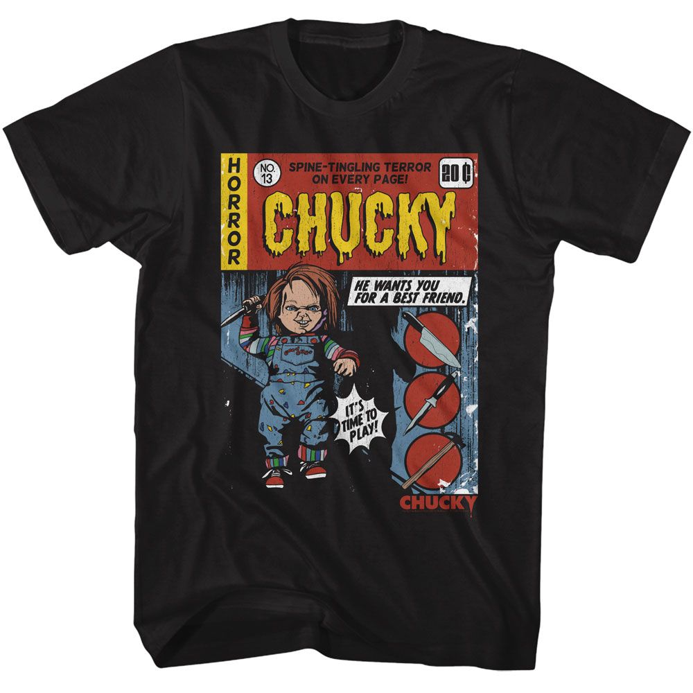 Chucky - Comic - American Classics - Solid Black Adult Short Sleeve T-Shirt - clothing by TeeHivey.com (Image 1)
