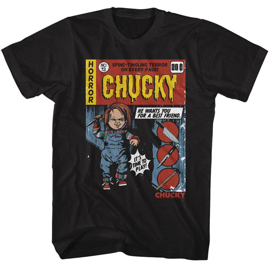 Chucky - Comic - American Classics - Solid Black Adult Short Sleeve T-Shirt - clothing by TeeHivey.com (Image 1)