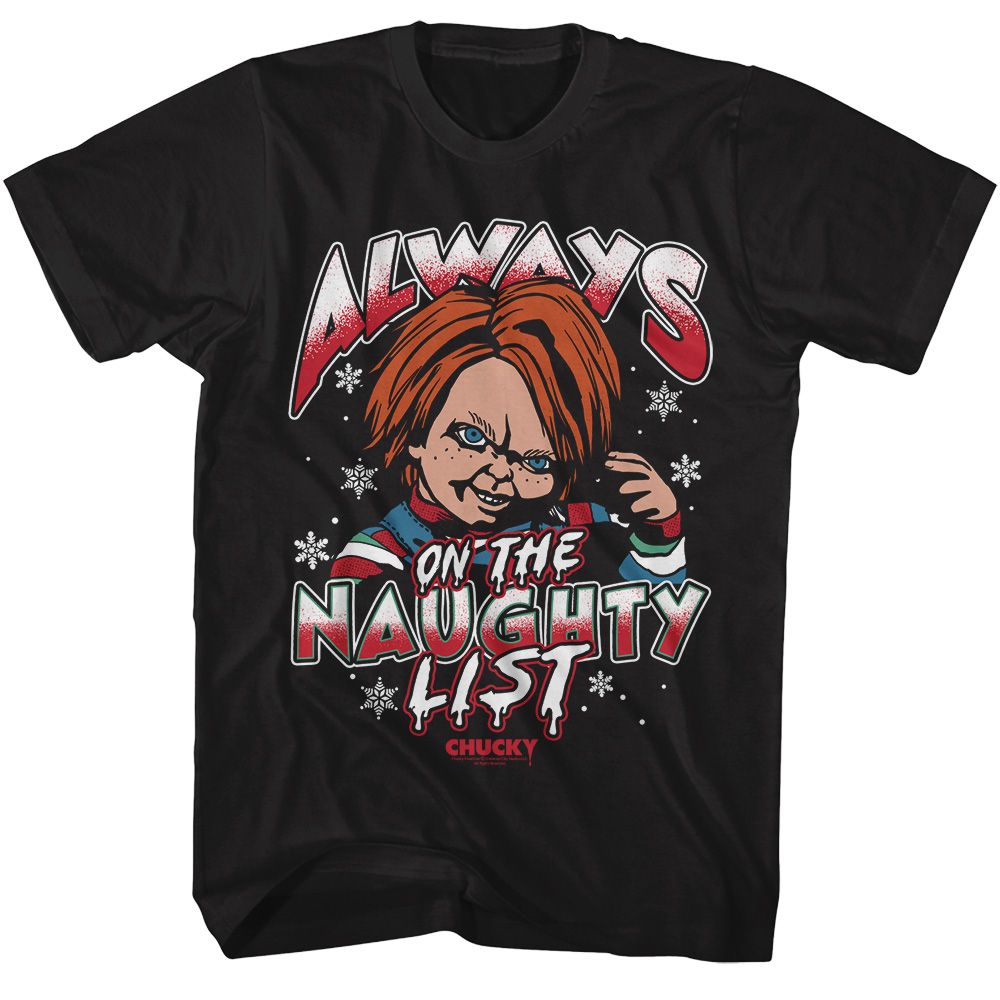 Chucky - Naughty List - American Classics - Solid Black Adult Short Sleeve T-Shirt - clothing by TeeHivey.com (Image 1)