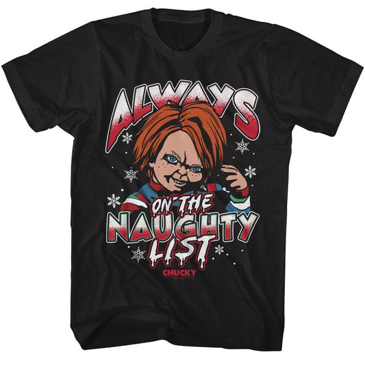 Chucky - Naughty List - American Classics - Solid Black Adult Short Sleeve T-Shirt - clothing by TeeHivey.com (Image 1)