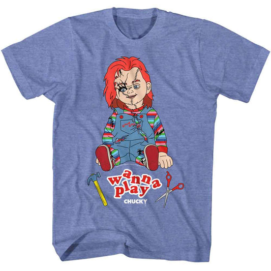 Chucky - Wanna Play - Officially Licensed American Classics - Front Print Heather Adult Short Sleeve T-Shirt