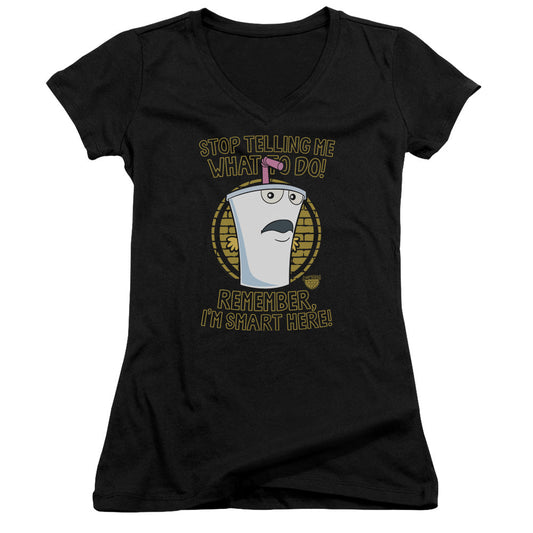Aqua Teen Hunger Force Stop Junior Sheer Cap Sleeve V Neck Womens T Shirt Black - clothing by TeeHivey.com