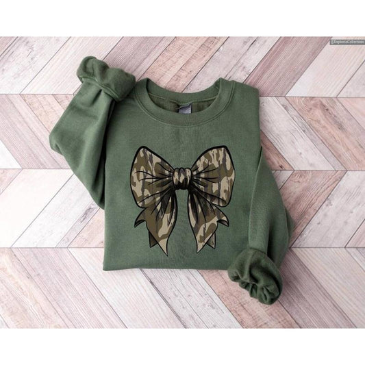 Camo Bow Coquette Sweater, Hoodie, Tee Shirt, Duck Hunting Old School Camo Shirt, Fall Women's Camouflage Bow Outfit , Global Trending Outfits