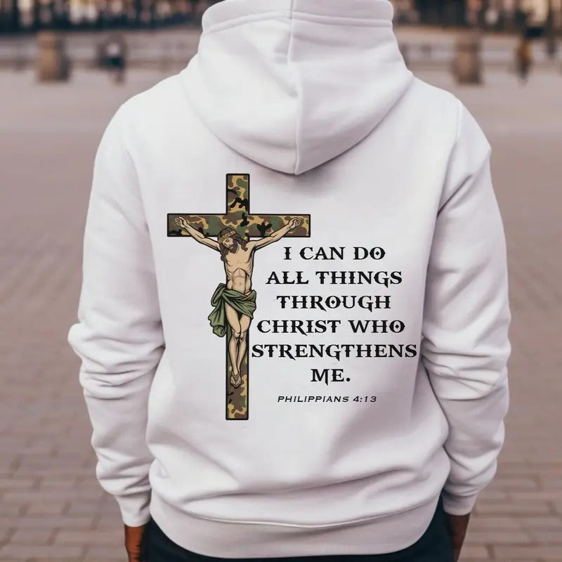 Camo Jesus Cross I Can Do All Things Bible Verse Back Printed Unisex Hoodie, Hunting Sweatshirt, Gift for Him, Camo Cross Bibble Verse Tee