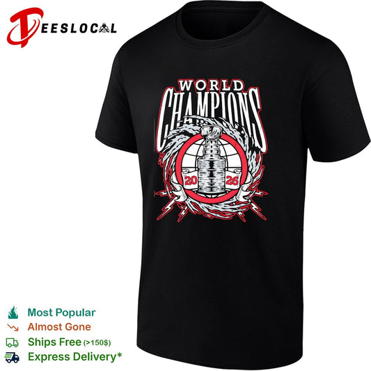 Carolina Hurricanes 2026 World Champions trophy lightning wreath bold logo art shirt