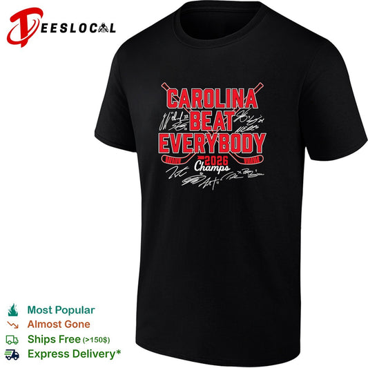 Carolina Hurricanes beat everybody 2026 Champs player signatures crossed sticks bold art shirt