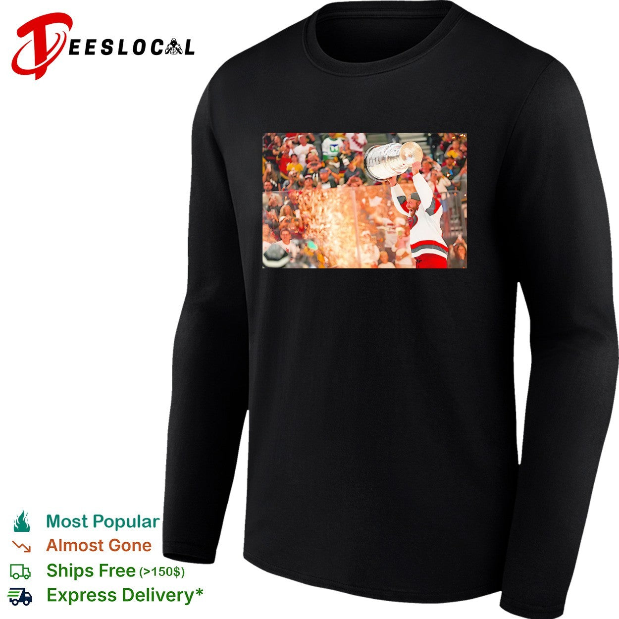 Carolina Hurricanes player hoisting Stanley Cup above head crowd fireworks triumphant moment shirt