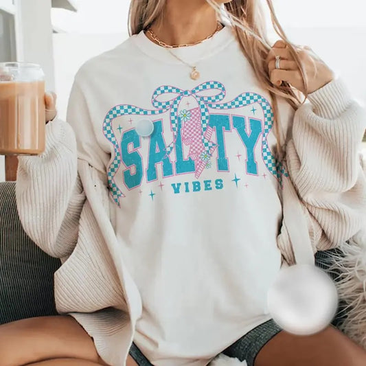 Checkerboard Salty Summer Shirt, Salty Coquette Summer Bow Shirt, Summer Beach Vibes Coquette Bow Tee, Summer Girly Gift