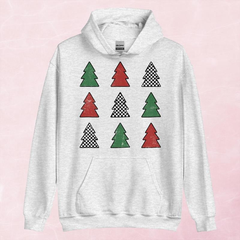 Checkered Christmas Tree Graphic Hoodie Long Sleeve Festive Winter Wear for Holiday Parties & Casual Outfits