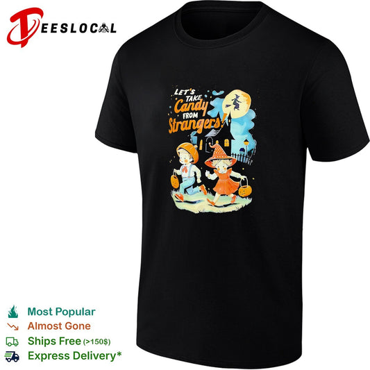 Children trick or treating let’s take candy from strangers shirt