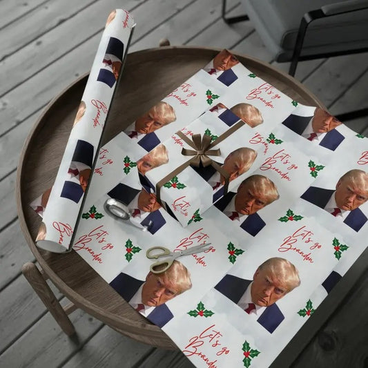 Christmas Wrapping Paper -Donald Trump Mugshot Design'Let's Go Brandon' Phrase - Unique Holiday Gift Wrap - Political Humor Gifts